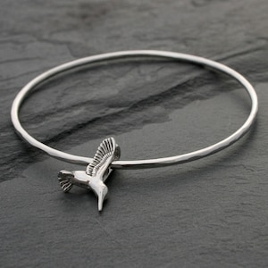 Hummingbird Bangle Sterling Silver Bracelet, Bird in Flight Charm Bangle, Symbol of Love & Good Luck