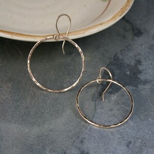 Small Eternity Earrings, 14k Gold Filled Hoops, Round Hoops, Hammered Yellow 14 Karat Gold Filled, Dangle Hoop, image 2