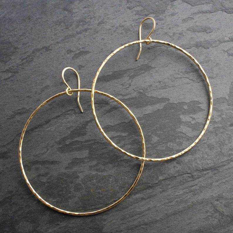 Large Eternity Earrings, 14k Gold Filled Hoops, Round Hammered Texture Dangle Hoops 14 Karat Yellow Gold Filled Round Minimalist Ear Wire image 1