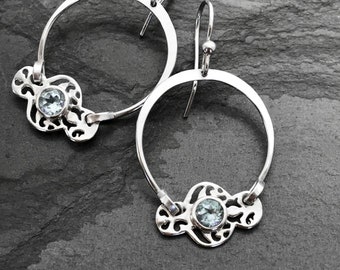 Sky Blue Topaz Sterling Silver Earrings, Faceted Gemstone Earrings, Dangle Hoop Earrings with French Ear Wires