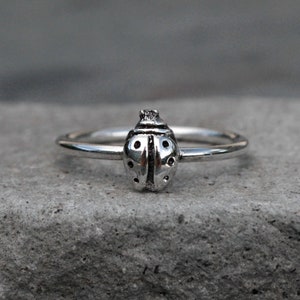 Ladybug Ring Sterling Silver Stacking Ring, Lucky Lady Bug Stackable Minimalist Midi Ring, Good Luck Talisman image 1