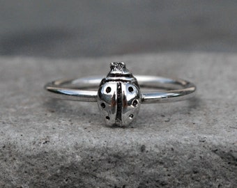 Ladybug Ring Sterling Silver Stacking Ring, Lucky Lady Bug Stackable Minimalist Midi Ring, Good Luck Talisman