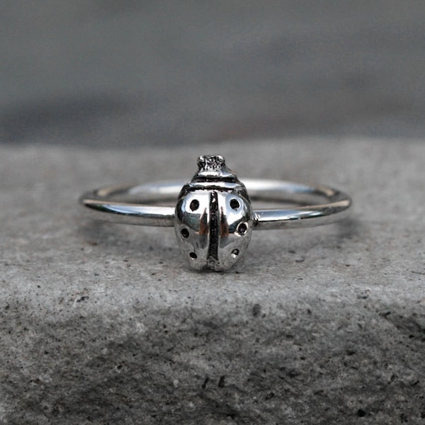 Ladybug Ring Sterling Silver Stacking Ring, Lucky Lady Bug Stackable Minimalist Midi Ring, Good Luck Talisman