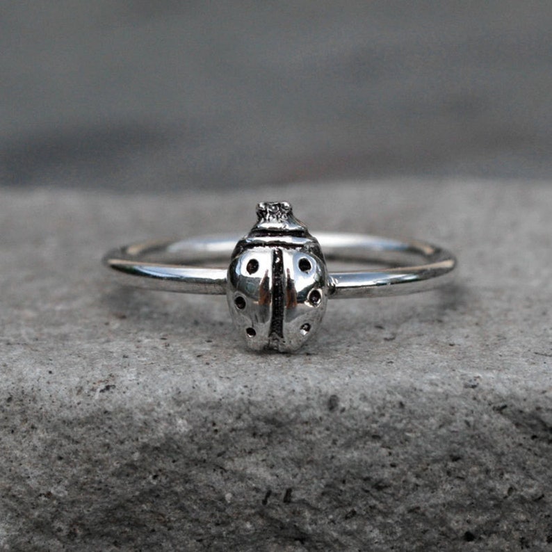 Ladybug Ring Sterling Silver Stacking Ring, Lucky Lady Bug Stackable Minimalist Midi Ring, Good Luck Talisman image 1