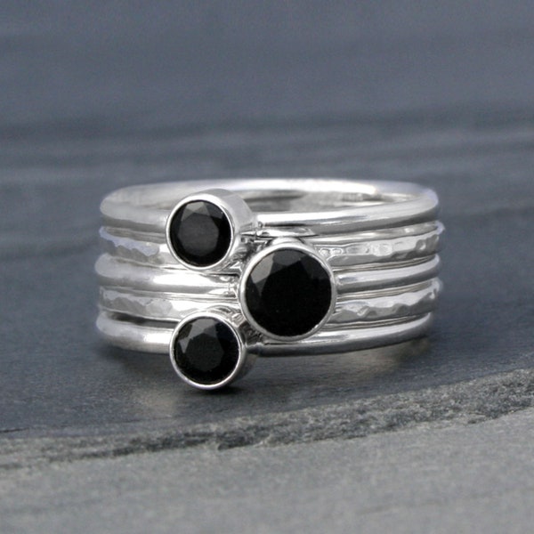 Black Spinel Stacking Rings, Set of 5 Sterling Silver Faceted Gemstone Rings, 5mm & 4mm Faceted Night Sky Black Gemstone Stackable Rings
