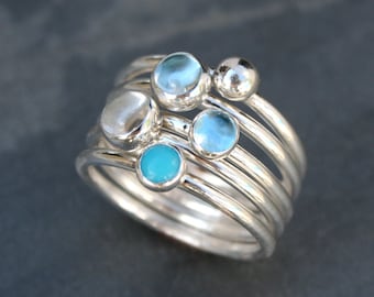 Set of Five Stacking Rings, 5 Sterling Silver Rings Sky Blue Topaz Clear White Topaz Swiss Blue Topaz Turquoise Silver Drop