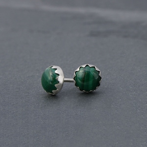 Malachite Earrings Sterling Silver Studs, Natural Cabochon Gemstones Post Earrings, Floral Earring Backs, Green Gemstone