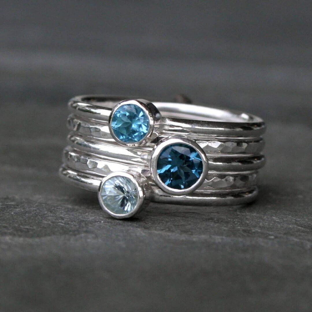 Blue Topaz Stacking Rings, Set of 5 Sterling Silver Faceted Gemstone ...