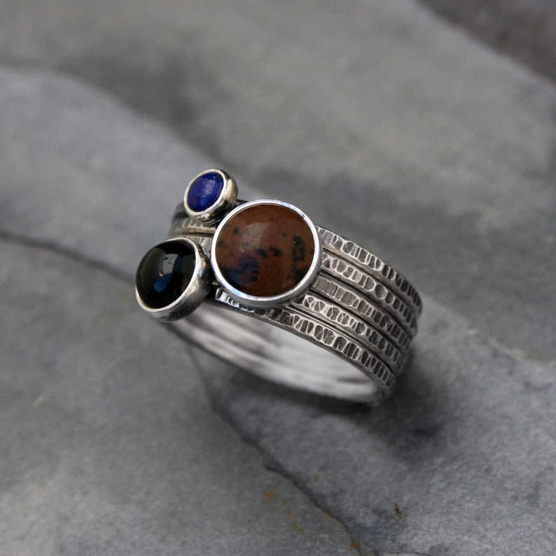 Mahogany Obsidian Black Onyx Sterling Silver Set of Five Ring Stackable Rings Lapis Lazuli Earth Sky Stacking Rings