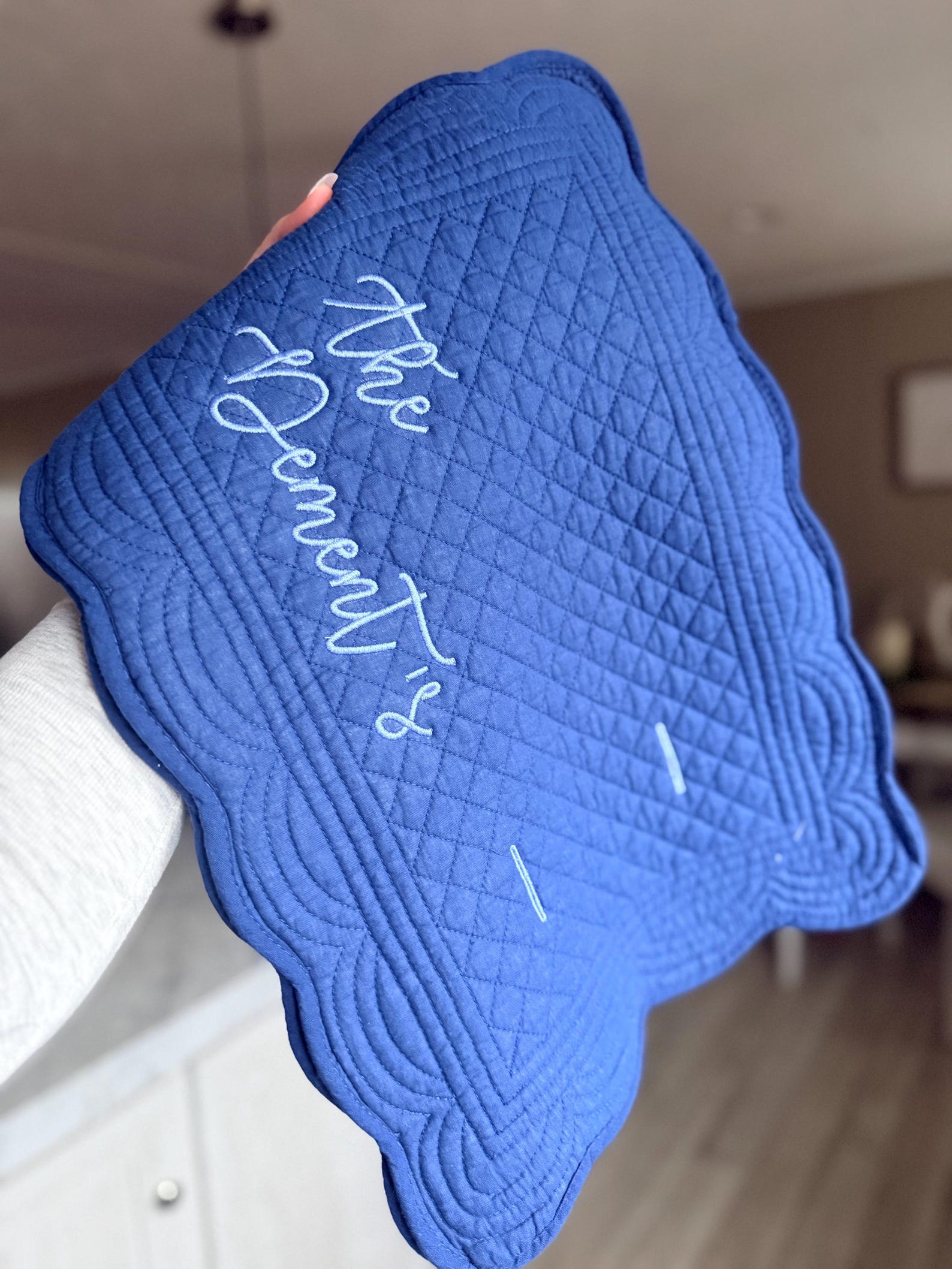 Casserole Dish Cover | Embroidered | Quilted | Personalized Gift | Housewarming | Wedding | Christmas | Bridal Shower | Scolloped Edge - ellie mae, navy