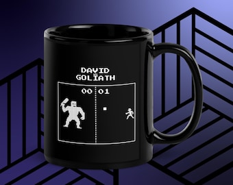 David & Goliath Retro Video Game Black Glossy Mug | Christian Coffee Mug | Nerdy Christian Gift