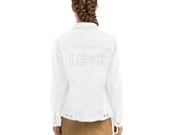 Giacca di jeans bianca unisex Love / Abbigliamento cristiano / Abbigliamento cristiano