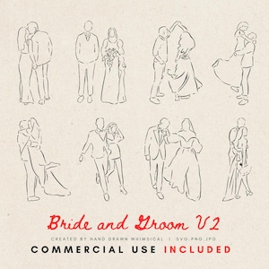 Bride and Groom V2 Clipart | Wedding Couple SVG & PNG | Half Body Whimsical Line Art Illustration