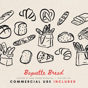 May include: A set of black and white hand-drawn illustrations of various types of bread, including baguettes, croissants, and loaves. The illustrations are in a whimsical style and are perfect for use in a variety of creative projects.