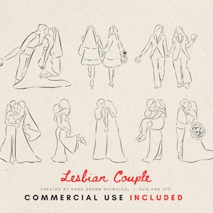 Lesbian Couple Clipart | Full Body LGBTQ Wedding SVG PNG | Whimsical Female Couple Line Art Illustration