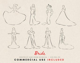 Braut Clipart Bundle | Ganzkörper Braut Posen | Hochzeit SVG & PNG | Skurrile Linie Kunst Illustration