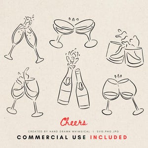Cheers Clipart – Hand Drawn Wine & Cocktail Glasses Clinking SVG PNG JPG – Line Art Drink Icon, Bar Decor, Digital Download