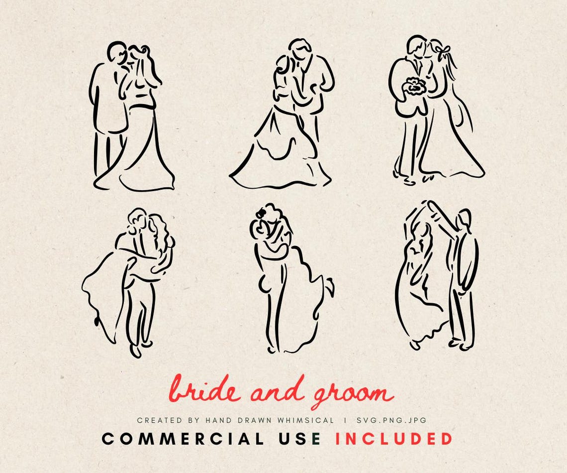 Bride and Groom SVG - Whimsical Hand-drawn Wedding SVG & PNG Files - Etsy