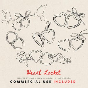 May include: A set of hand-drawn heart locket illustrations. The lockets are open and closed, with some featuring cherubs and doves. The text "Heart Locket" is written in red at the bottom of the image. "Created by Hand Drawn Whimsical | SVG.PNG.JPG" and "COMMERCIAL USE INCLUDED" are written in black below the red text.