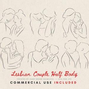 Lesbian Couple Clipart | Half Body LGBTQ Wedding SVG PNG | Whimsical Female Couple Line Art Illustration