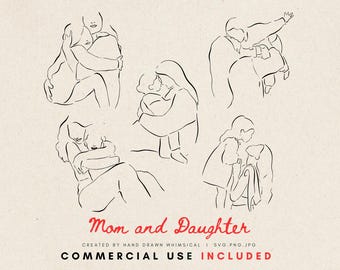 Mom and Daughter Illustration | Mother and Girl Line Art | Mother’s Day Clipart | Minimalist Motherhood PNG | Digital Download Wall Art