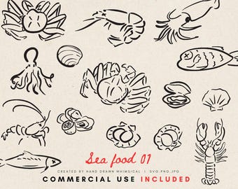 Seafood SVG - Whimsical Hand-Drawn Wedding SVG & PNG Files