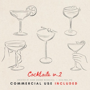 Cocktail Glass Line Art Clipart – Hand Drawn Minimal Martini Glass PNG SVG – Elegant Drink Illustration for Menu Design & Invitations