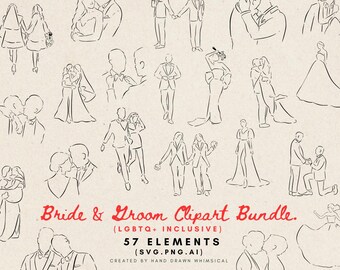 Bride & Groom Clipart Bundle (LGBTQ Inclusive) | Hand Drawn Bride and Groom LGBTQ | Full and Half Body | Same Sex and Hetero Couples