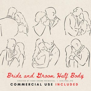 Bride and Groom Clipart | Half Body Wedding Couple SVG PNG | Whimsical Line Art for Invitations & Cards