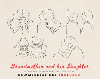 Mother and Grandmother Illustration – Whimsical Family Portrait – Vintage Line Art – Printable Wall Art – Mother’s Day Gift