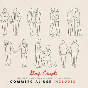 Clipart Couple Gay | Mariage LGBTQ complet du corps SVG PNG | Illustration de dessin au trait lunatique couple masculin