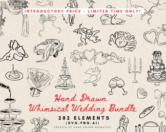 Peut inclure: Un ensemble de 282 illustrations de mariage fantaisistes dessinées à la main en noir et blanc. Les illustrations comprennent une variété d'éléments liés au mariage, tels que des fleurs, des oiseaux, des cœurs, des gâteaux et bien plus encore. Les illustrations sont parfaites pour créer des invitations, des cartes de réservation et d'autres articles de papeterie de mariage.