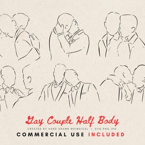 Clipart Couple Gay | Moitié du corps couple masculin SVG PNG | Illustration de dessin au trait de mariage LGBTQ pour faire-part