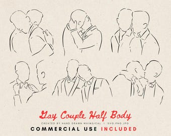 Gay Paar Clipart | Halber Körper männliches Paar SVG PNG | LGBTQ Wedding Line Art Illustration für Einladungen