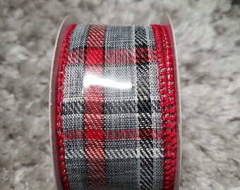 New Wired Ribbon Christmas Plaid Red and Grey  1.5 inch x 30ft Christmas Ribbon