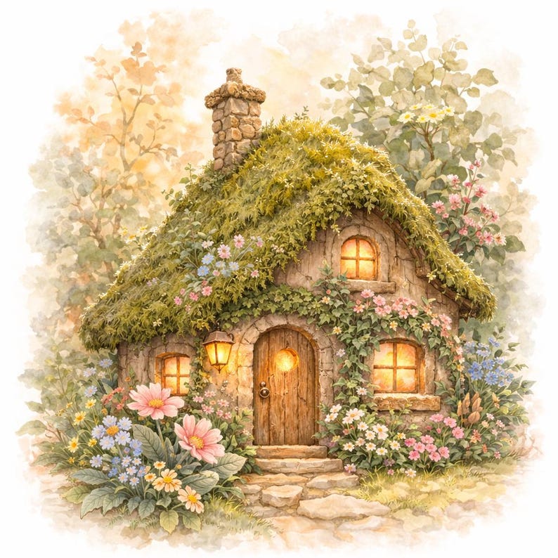 Storybook Cottage Art Print – Wildflower Woodland House Illustration - Etsy