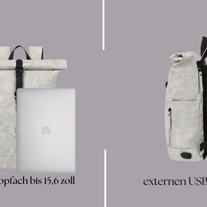 K&ouml;nnte beinhalten: Ein grauer Canvas-Rucksack mit schwarzen Tr&auml;gern und einem Laptopfach, das bis zu einem 15,6 Zoll gro&szlig;en Laptop passt. Der Rucksack hat au&szlig;erdem einen externen USB-Anschluss.