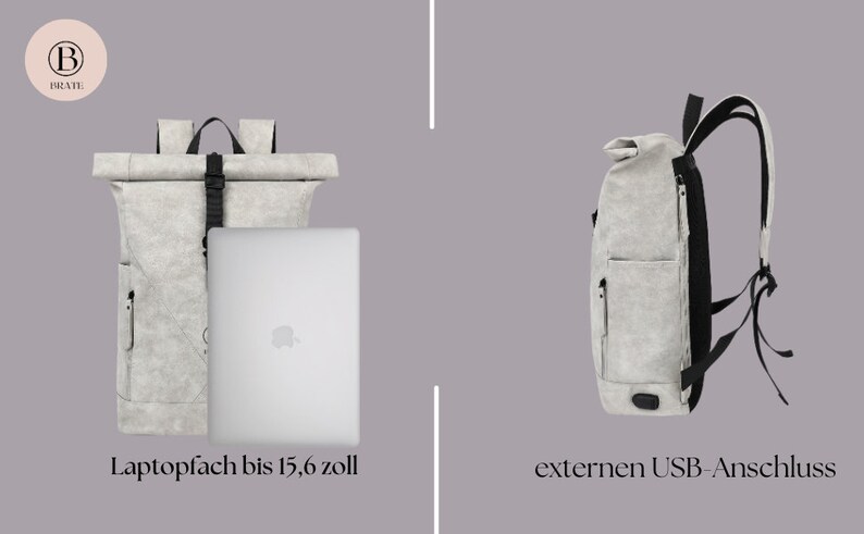 K&ouml;nnte beinhalten: Ein grauer Canvas-Rucksack mit schwarzen Tr&auml;gern und einem Laptopfach, das bis zu einem 15,6 Zoll gro&szlig;en Laptop passt. Der Rucksack hat au&szlig;erdem einen externen USB-Anschluss.