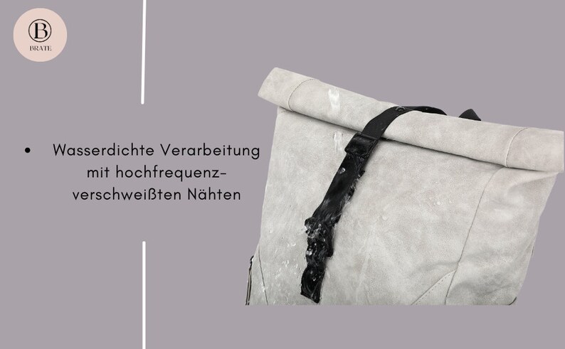 K&ouml;nnte beinhalten: Ein grauer, wasserdichter Rucksack mit einem schwarzen Gurt. Der Rucksack hat einen Rollverschluss und ist mit hochfrequenzgeschwei&szlig;ten N&auml;hten gefertigt.