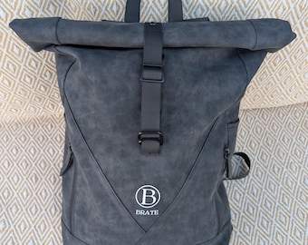 Rolltop backpack 20-40l, water-repellent laptop bag, suede look PU leather, outdoor backpack, study school with 15 inch laptop compartment