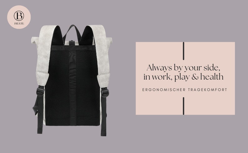 K&ouml;nnte beinhalten: Ein grauer und schwarzer Rucksack mit einem Mesh-R&uuml;ckenpanel und verstellbaren Tr&auml;gern. Der Rucksack hat den Text "Always by your side, in work, play & health" und "ERGONOMISCHER TRAGEKOMFORT" auf einem rosa Hintergrund.