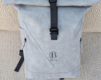 Rolltop backpack 20-40l, water-repellent laptop bag, suede look PU leather, outdoor backpack, study school with 15 inch laptop compartment