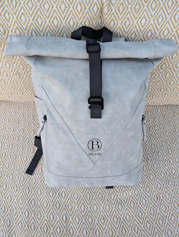 Rucksack Rolltop 20-40l, Wasserabweisende Laptoptasche, Wildlederoptik PU-Leder, Outdoor Rucksack, Studium Schule mit 15 Zoll Laptopfach