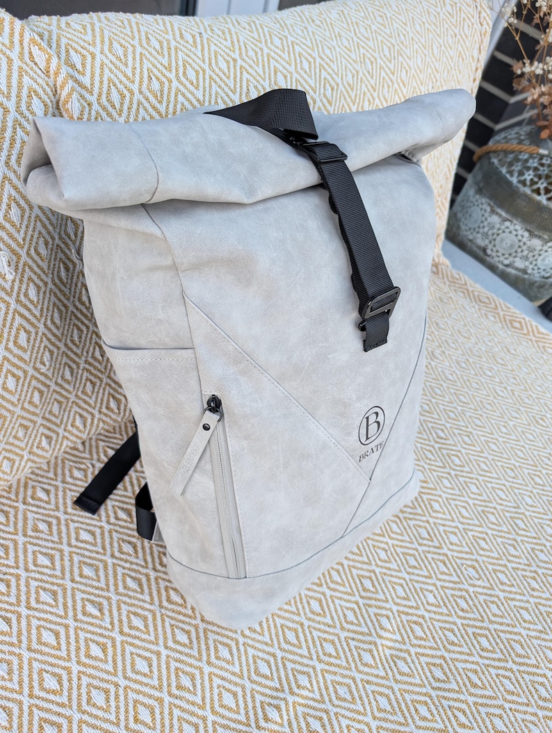 Rucksack Rolltop 20-40l, Wasserabweisende Laptoptasche, Wildlederoptik PU-Leder, Outdoor Rucksack, Studium Schule mit 15 Zoll Laptopfach Bild 3