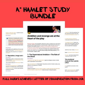 Puede incluir: Un paquete de guías de estudio para Hamlet de Shakespeare. La portada presenta una imagen en blanco y negro de un hombre con una corona en la cabeza. El texto "A* Hamlet Study Bundle" está en letras grandes, negritas y blancas sobre un fondo rojo. El texto "Ambition and revenge are at the Heart of the play" está en texto negro sobre un fondo blanco. El texto "Full Marks Achieved | Letter of Commendation from OCR" está en texto negro sobre un fondo blanco.