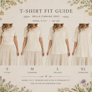 以下が含まれることがあります： クリーム色のTシャツとスカートを着た4人のモデルが、S、M、L、XLのサイズを示すTシャツのサイズガイド。ガイドには「T-SHIRT FIT GUIDE BELLA CANVAS 3001」と書かれています。モデルの身長は160cm、体重は63.5kgです。