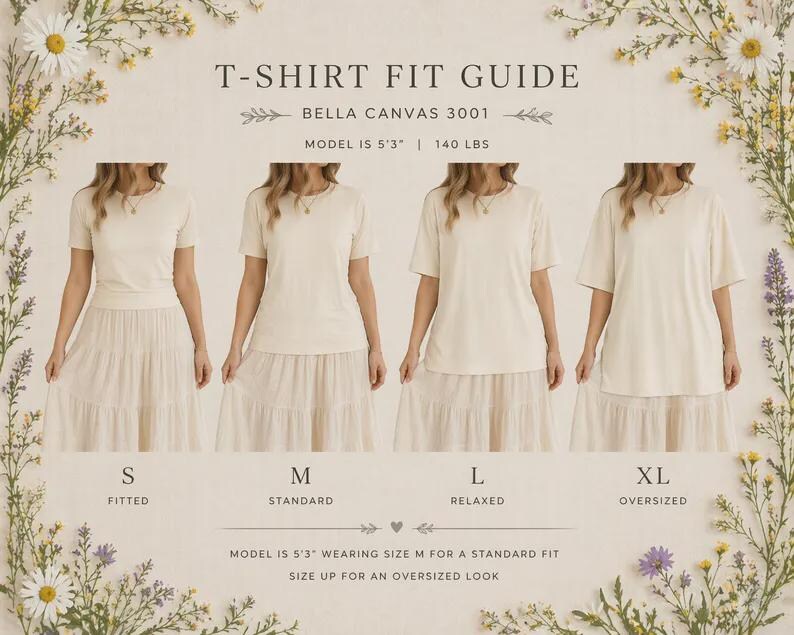 以下が含まれることがあります： クリーム色のTシャツとスカートを着た4人のモデルが、S、M、L、XLのサイズを示すTシャツのサイズガイド。ガイドには「T-SHIRT FIT GUIDE BELLA CANVAS 3001」と書かれています。モデルの身長は160cm、体重は63.5kgです。
