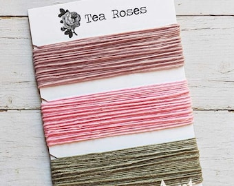 Waxed Linen Thread 4 ply, Tea Roses colors: Victorian Rose, Pink, Khaki Green, 5 or 10 yards of each color