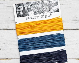 Waxed Linen Thread 4 ply, Starry Night colors: Yellow-Orange, Royal Blue, Navy Blue, 5 or 10 yards of each color