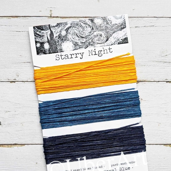 Waxed Linen Thread 4 ply, Starry Night colors: Yellow-Orange, Royal Blue, Navy Blue, 5 or 10 yards of each color